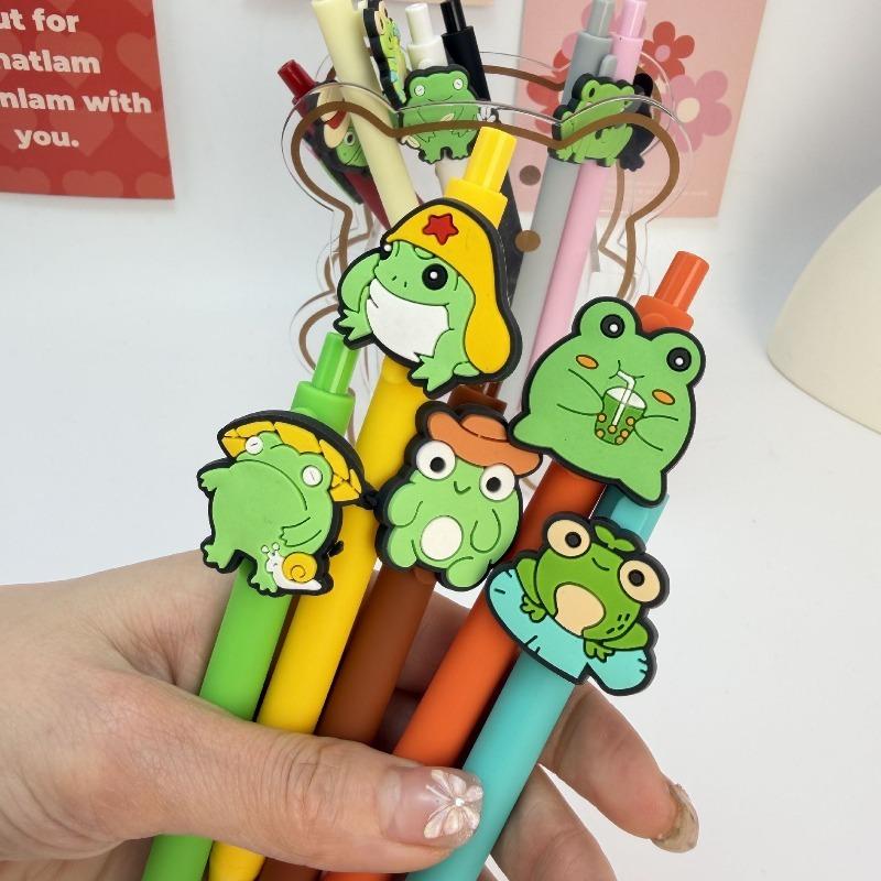 12Pcs Creative Simple Frog Family Theme Scalable Ballpoint Pen, Campus Design, Green Little Frog Series