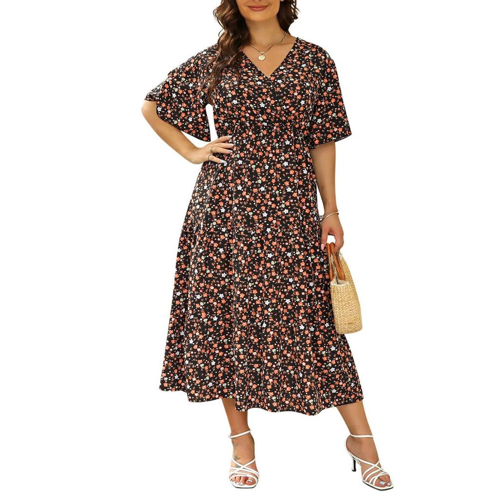 Plus Size Women's Floral V Neck Flare Short Sleeve Midi Dress Casual Waist Cinching Slimming Dress With Pocket