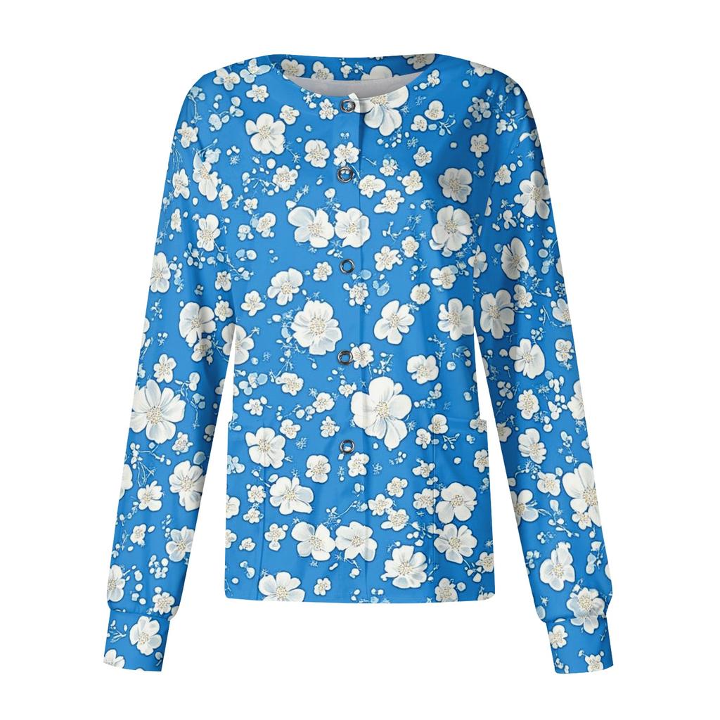Women's Casual Long Sleeve Single Breasted Floral Print Caregiver Cardigan Top Lightweight Button Up Shirt for Daily Wear