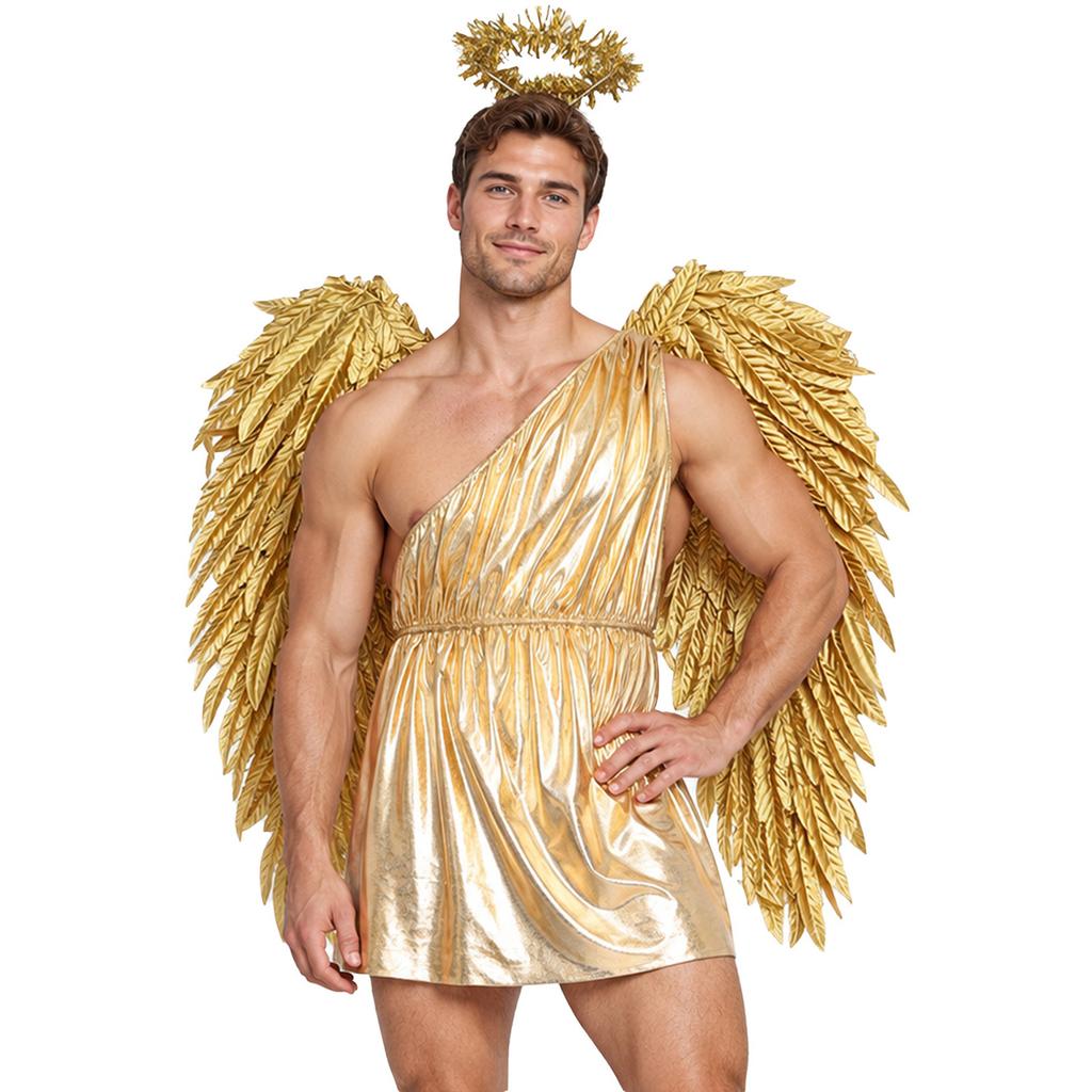 Costume Toga Greco Romano Mitologico da Uomo Tunica Metallizzata Monospalla con Ali e Copricapo per Festa Cosplay di Halloween