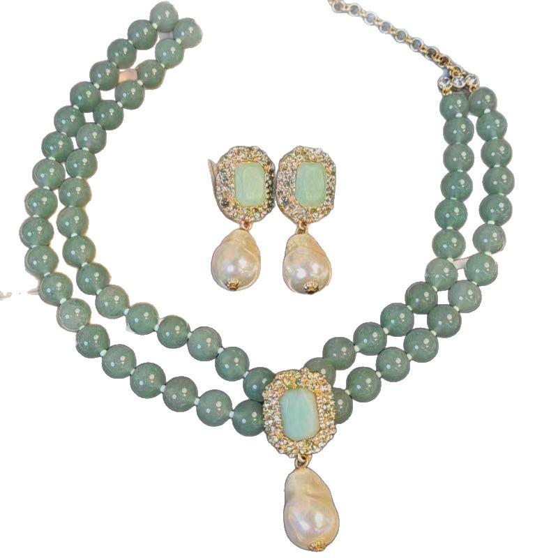 [Cuihua Condensation] Advanced Sense of Court Style Temperament Light Luxury Green Beaded Necklace Earrings Gorgeous Noble Set