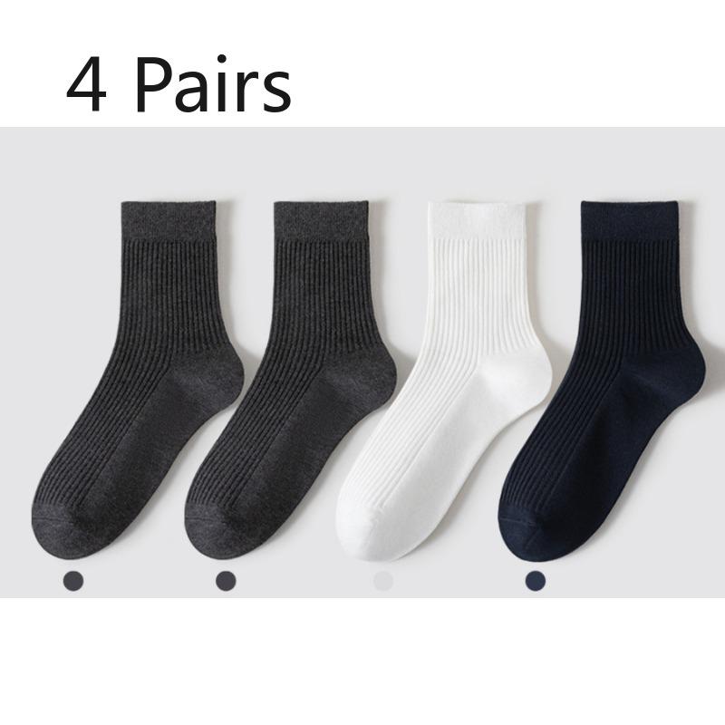 4 Pairs of Men's Spring and Summer Mid-calf Socks, Vertical Anti-pilling Breathable Cotton Socks, Deodorizing and Sweat-absorbing Long Calf Socks