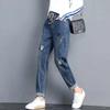 Women's Plus Size Embroidered Elastic Waist Stretch Denim Pants Loose-Fit High-Waisted Flattering Cropped Harem Pants for Spring/Fall