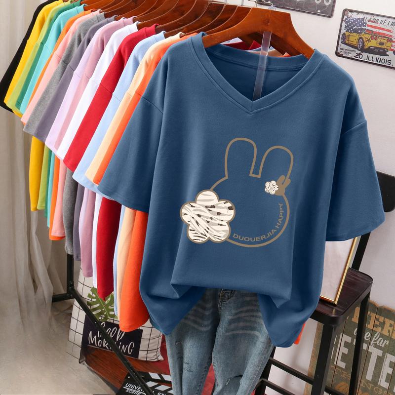 Kurzärmeliges T-Shirt, Locker sitzend, Schlankmachendes bedrucktes V-Ausschnitt-Top für Damen