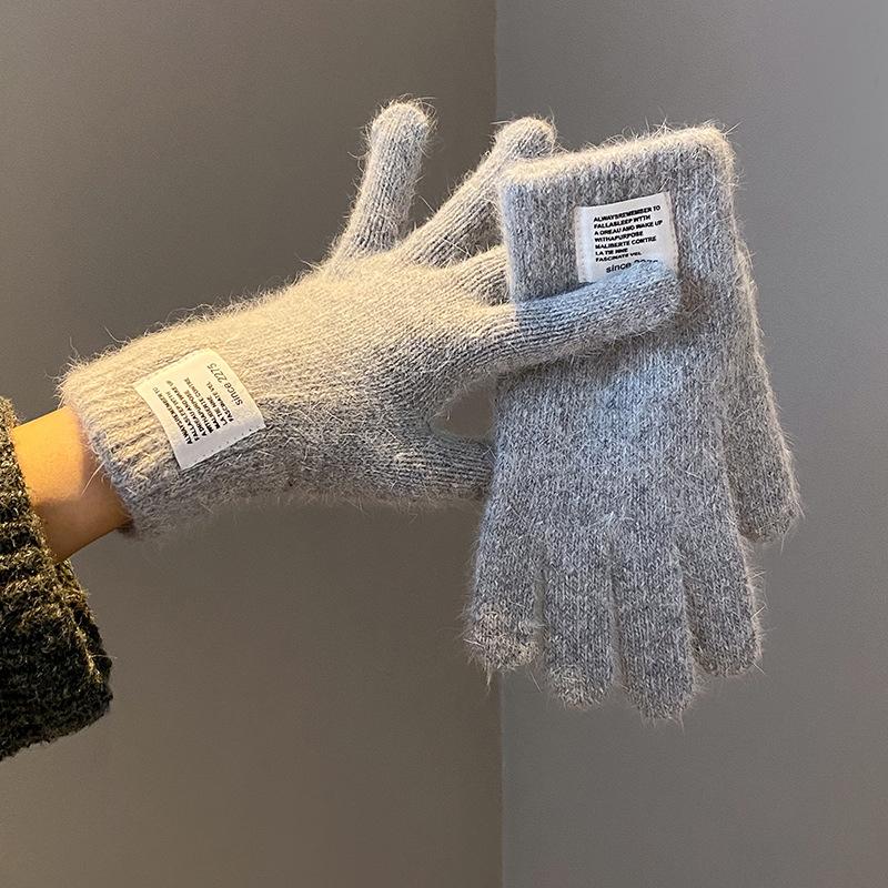 Women Gloves Knitted Solid Autumn Winter Hand Warm Thicken Short Wrist Female Full Fingered Mittens Winter Riding Skiing Mittens