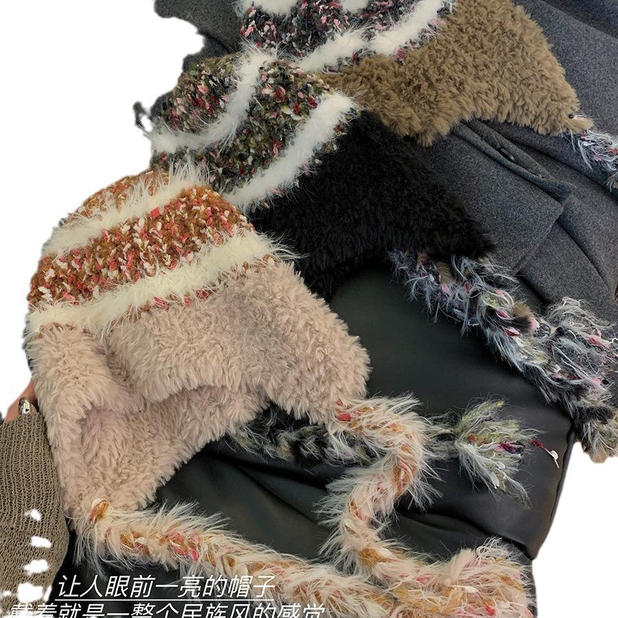 Winter Striped Splicing Knitted Wool Hat Autumn and Winter Women's Thickened Warm and Cold Ear Protector Pullover Hat