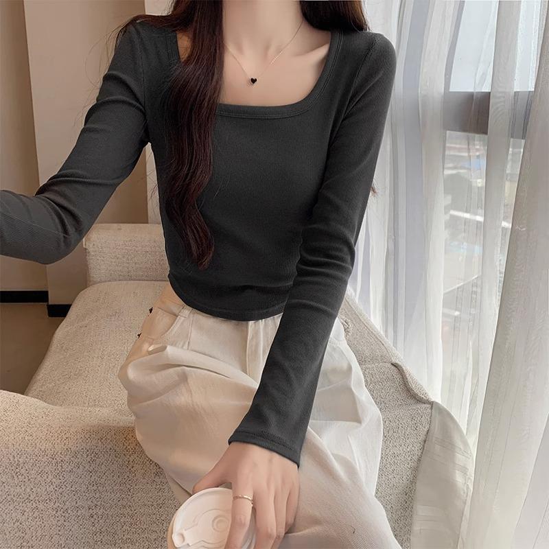 Square Neck Collarbone Exposed Hot Girl Long-sleeved T-shirt Women's Design Curved Hem Autumn and Winter French Tight Bottoming Shirt Top