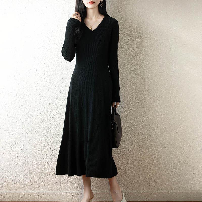 Gentle Style V-neck Pure Wool Knit Dress - Slim Fit Long Sleeve for Autumn & Winter