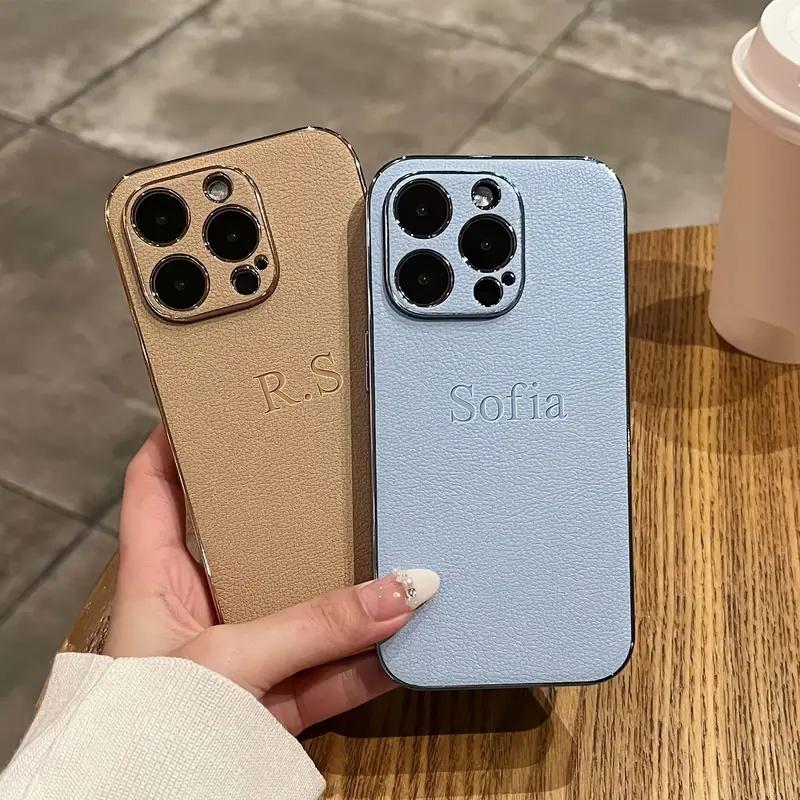 Personalisierte Initialen Namenshülle Für iPhone 17 16 15 14 13 12 11 Pro Max Plus Air-Leder Beschichtetes Lederhülle