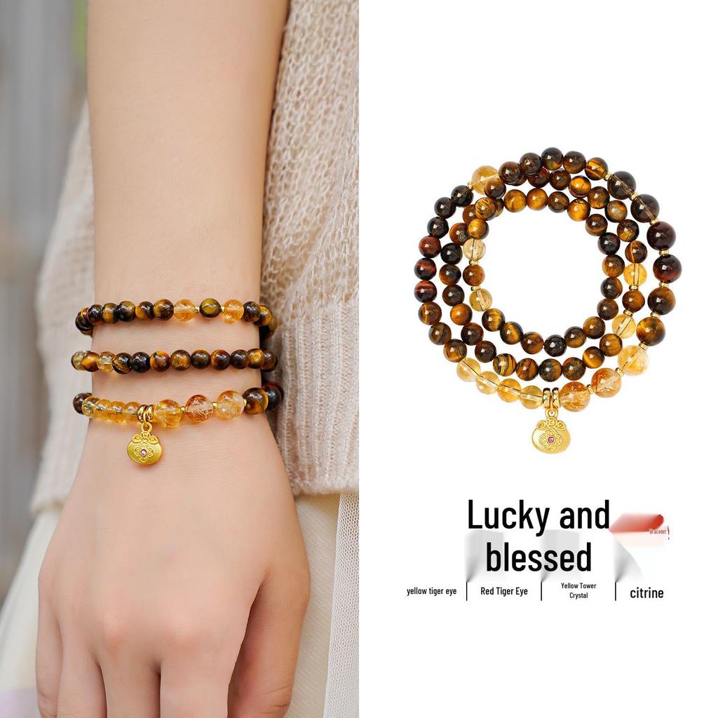 Chinese Wealth-Attracting Yellow Citrine & Tiger Eye Bracelet/Necklace for Women