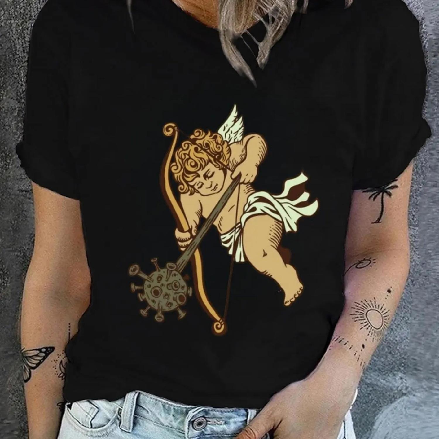 

Women s Cupid Graphic T-Shirt - Casual Black Tee with Golden Print, Round Neck, Short Sleeves, Machine Washable - Perfect for Sp XXXXXL різнокольоровий