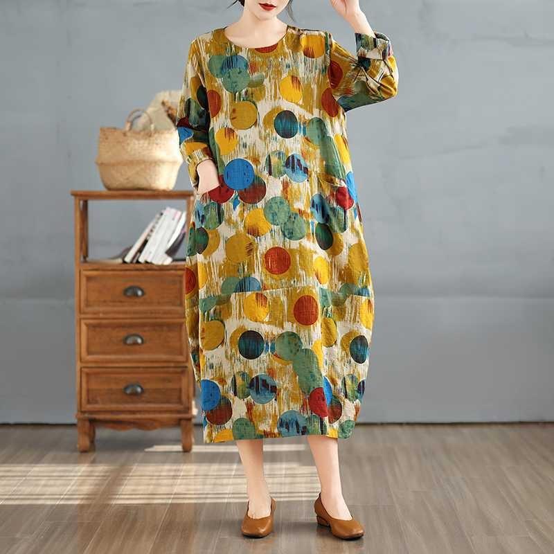 New Vintage Printed Round Neck Long Sleeve Plus Size Long Dresses