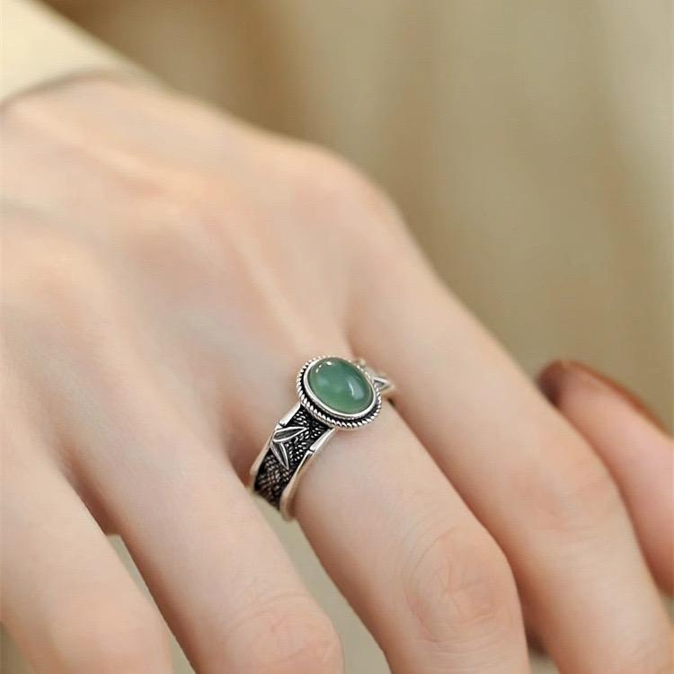 925 Silver Rings for Women Couple Minimalist Handmade Simple Green Stone Ring Fine Jewelry Gift Prevent Allergy