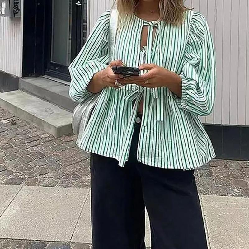 Women's Summer New Sweet Casual Lace Up Striped Top