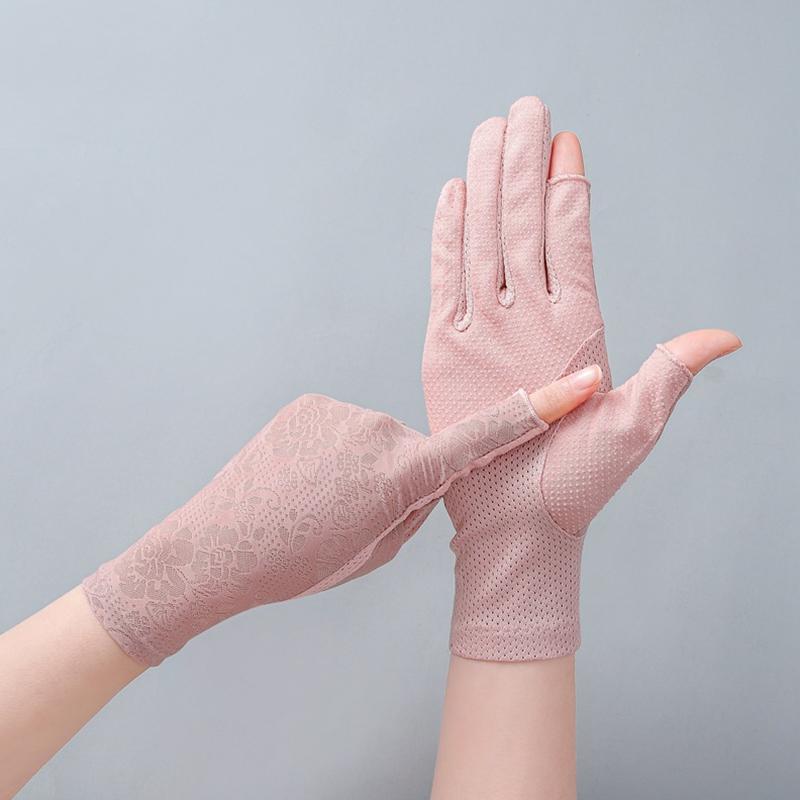 1Pair Lace Non-slip Driving Sunscreen Wave Point Breathable Gloves Outdoor Touch Screen Anti UV Nylon
