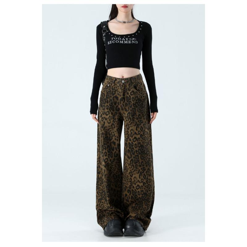Womens High Waist Leopard Print Wide Leg Jeans Y2K Baggy Denim Trousers Streetwear