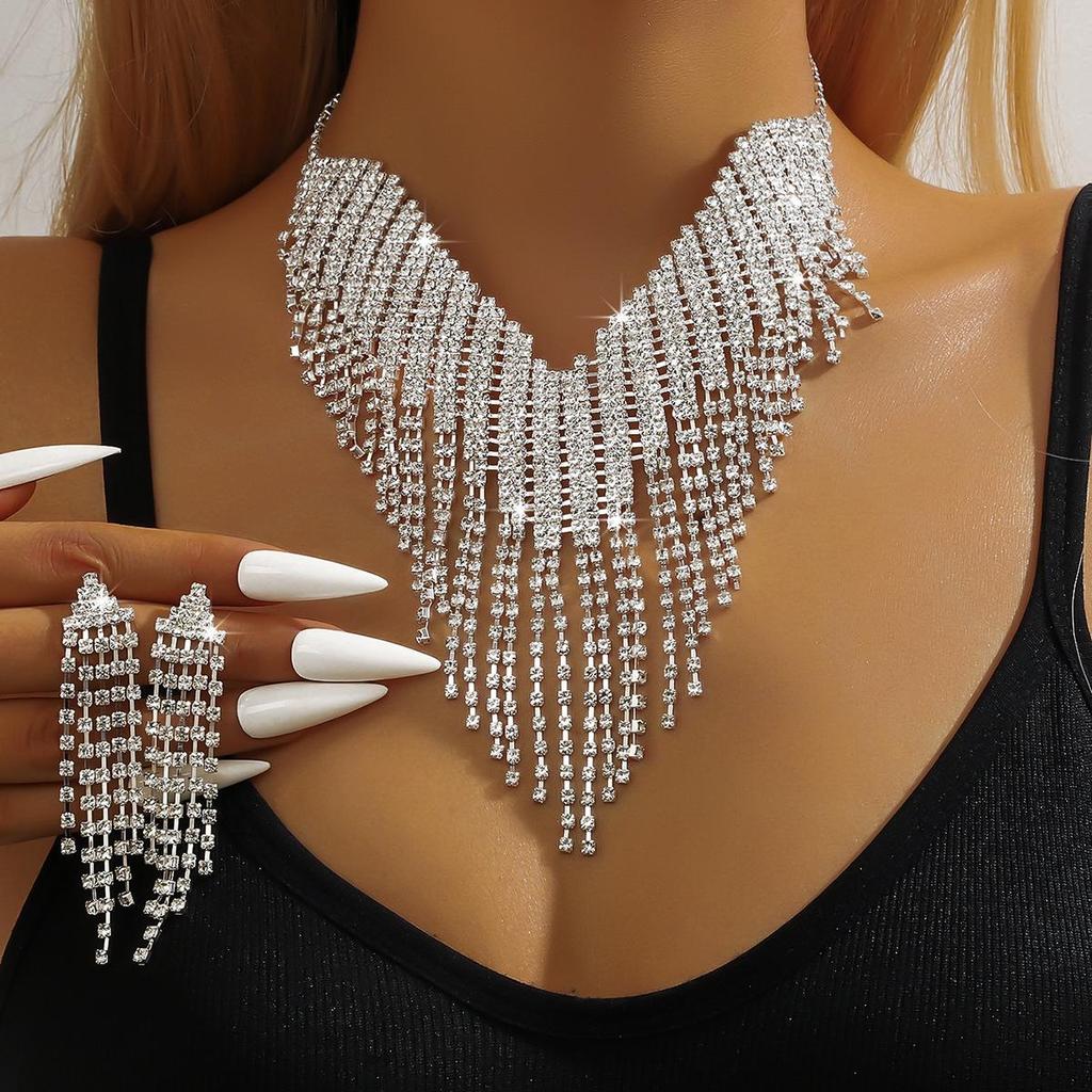 Exquisite European & American Ultra-Luxury Claw Chain Necklace & Earrings Set for Evening & Wedding Dresses - Women's Jewelry Three-Piece Set