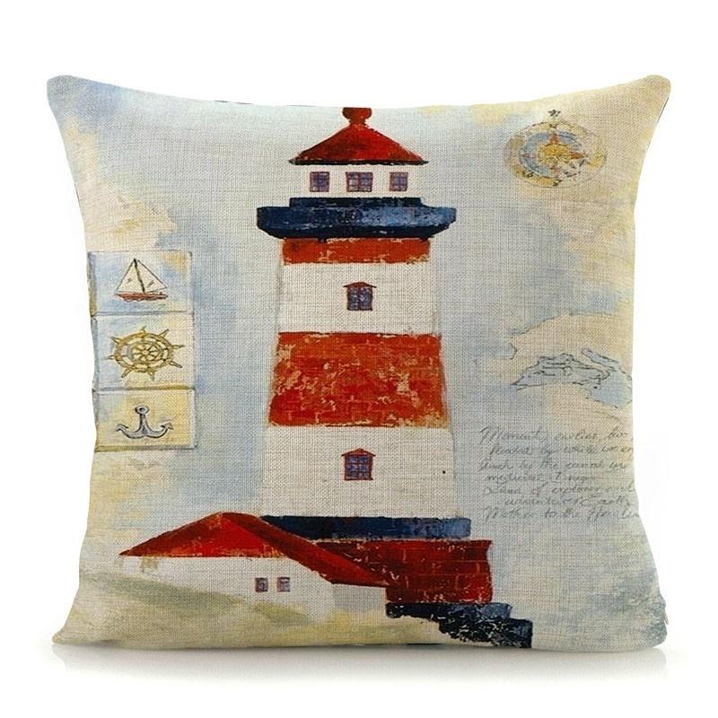 Mediterranean Lighthouse Ocean Sailing Print Home Decorative Cushion Cover Cotton Linen Pillow Case For Sofa Bed Chair 45X45Cm