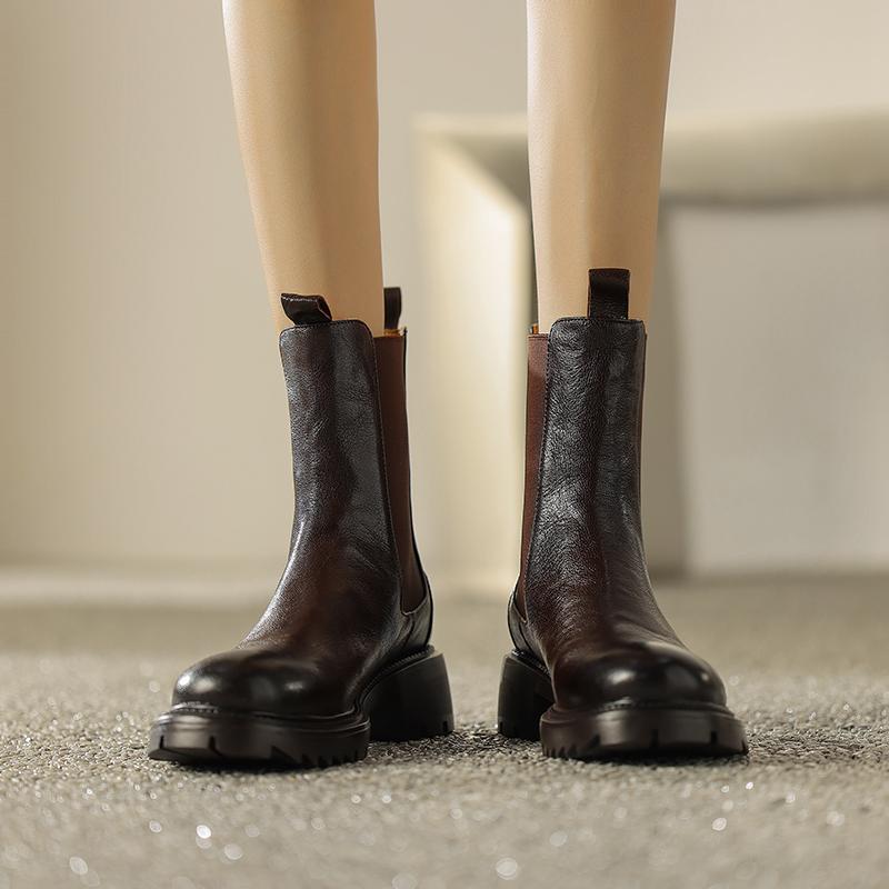 Krazing Pot Cow Leather Autumn Winter Shoes Round Toe Platform Plus Size Basic Clothing Thick Med Heels Slip On Chelsea Boots Women Ankle Boots