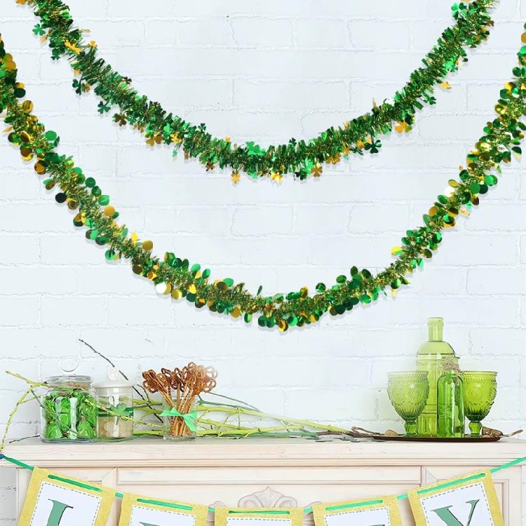 4Pcs Metallic Tinsel Twist Ornament 6.5ft Each Green Gold Fringes Artifical Vine for Irish Festival Holiday Decoration
