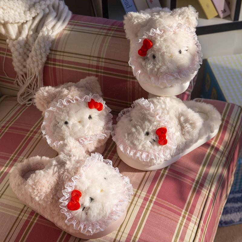 Women’s Cute Cartoon KT Cat Cotton Slippers - Sanrio Furry Plush, Heel-Covered Winter 2025