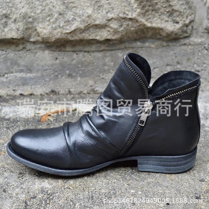 Round Head Women's Leather Boots Side Zipper Martin Boots, Autumn Coarse Heel Horseshoe Heel Women's Shoes