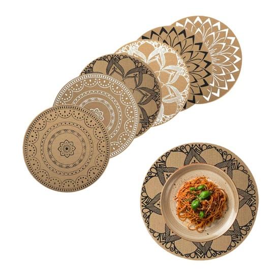Round Faux Jute Placemats, Woven Table Mats with Nordic Pattern, Heat Resistant Pad for Dining Table, Restaurant Hotel Kitchen Decor