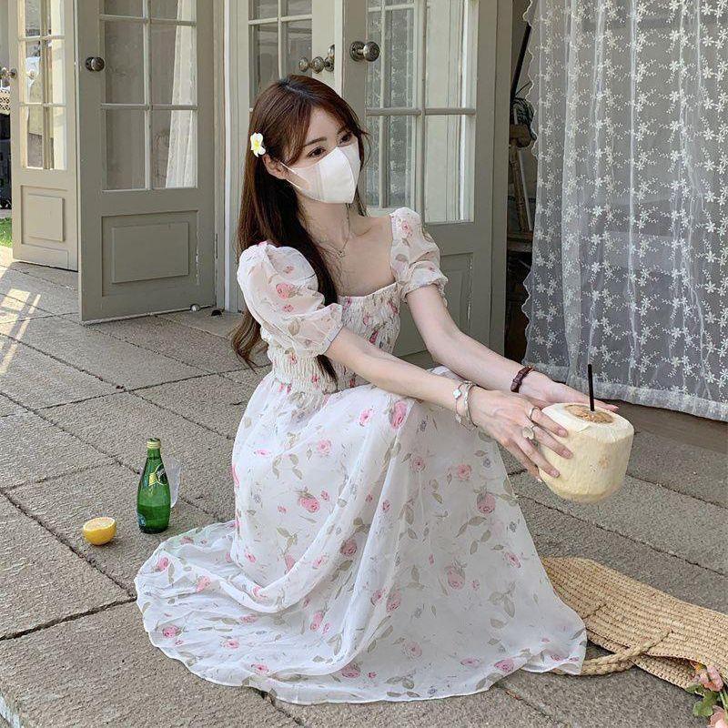 

2024 Женское летнее милое цветочное платье на одно плечо, приталенного кроя, длинное, с короткими рукавами-буфами M