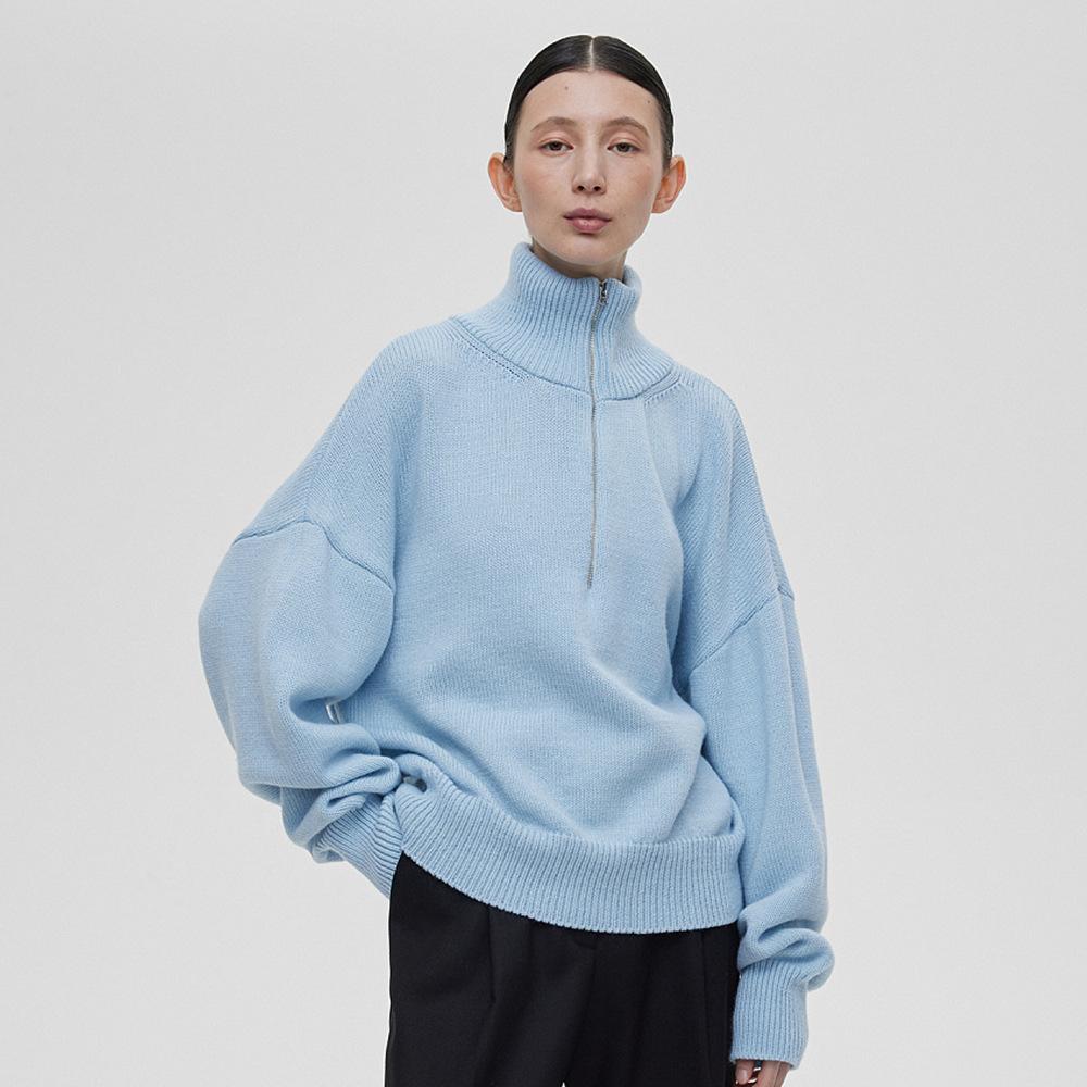 Knitted Lady'S Sweater Stand Collar Drop Shoulder Sleeves Loose Oversized Zippers Fluffy Pullover Autumn Casual Jumper