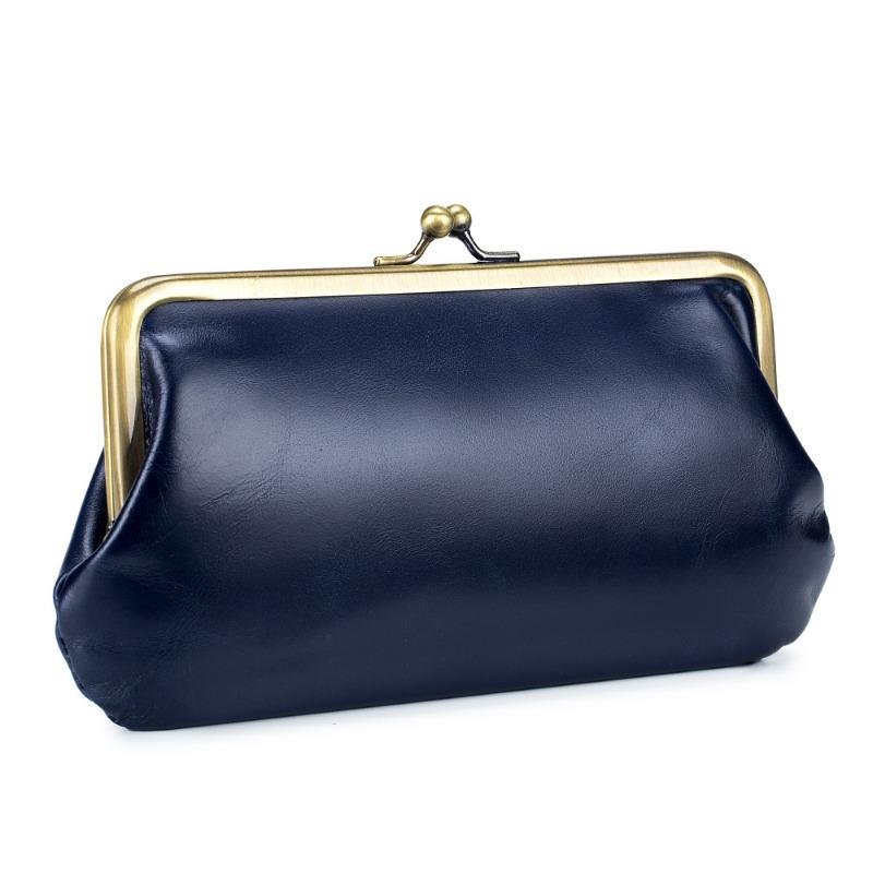 New European and American Retro Clip Bag, Simple Leather, Long Clutch Bag, Wallet, Clutch Mouth, Gold Storage Bag, Large Capacity