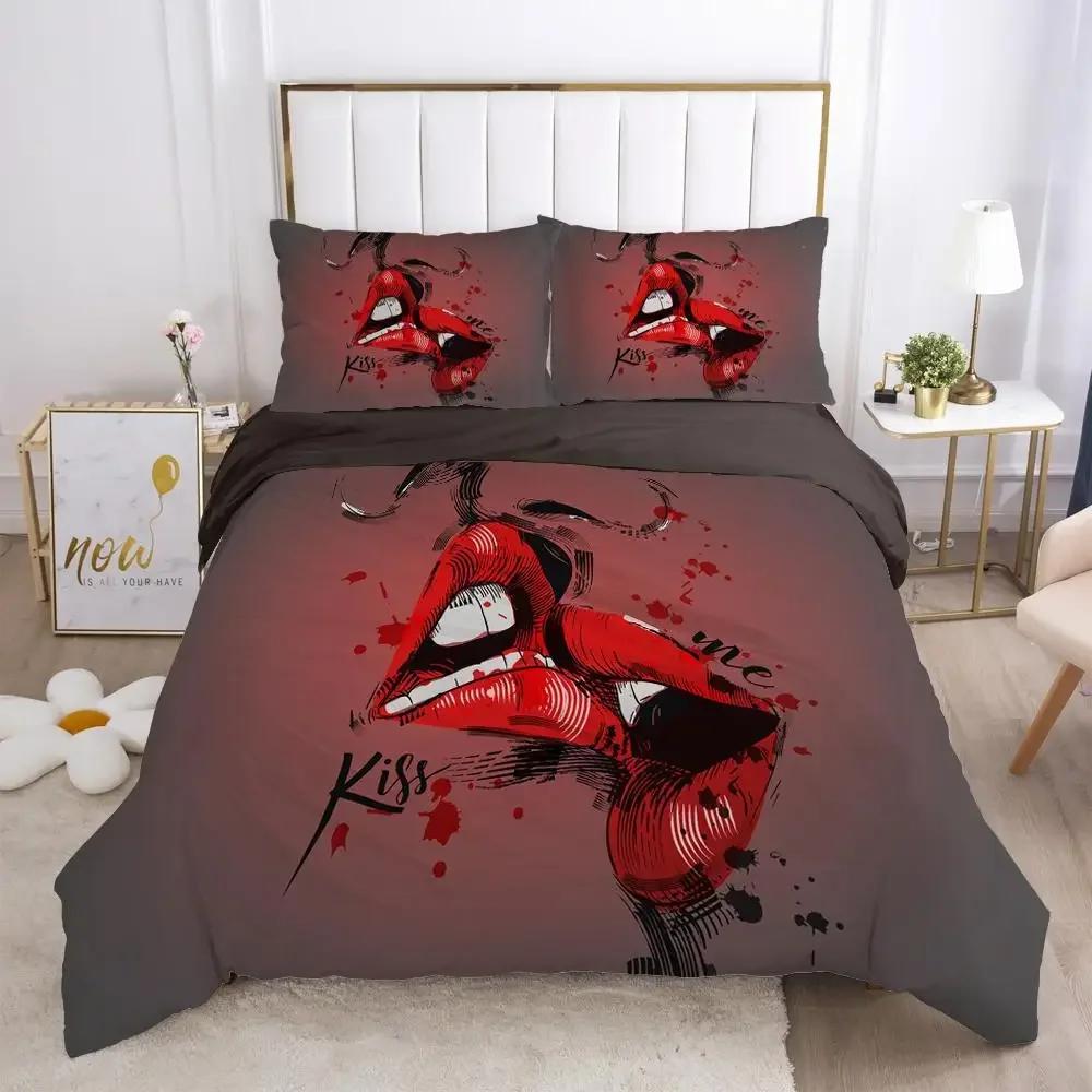 Amor Labial Rojo Tema Sexy Marcas de Beso Cómodo Edredón Funda de Edredón Funda de Almohada Juego de Ropa de Cama Decoración Habitación Infantil Textil para el Hogar
