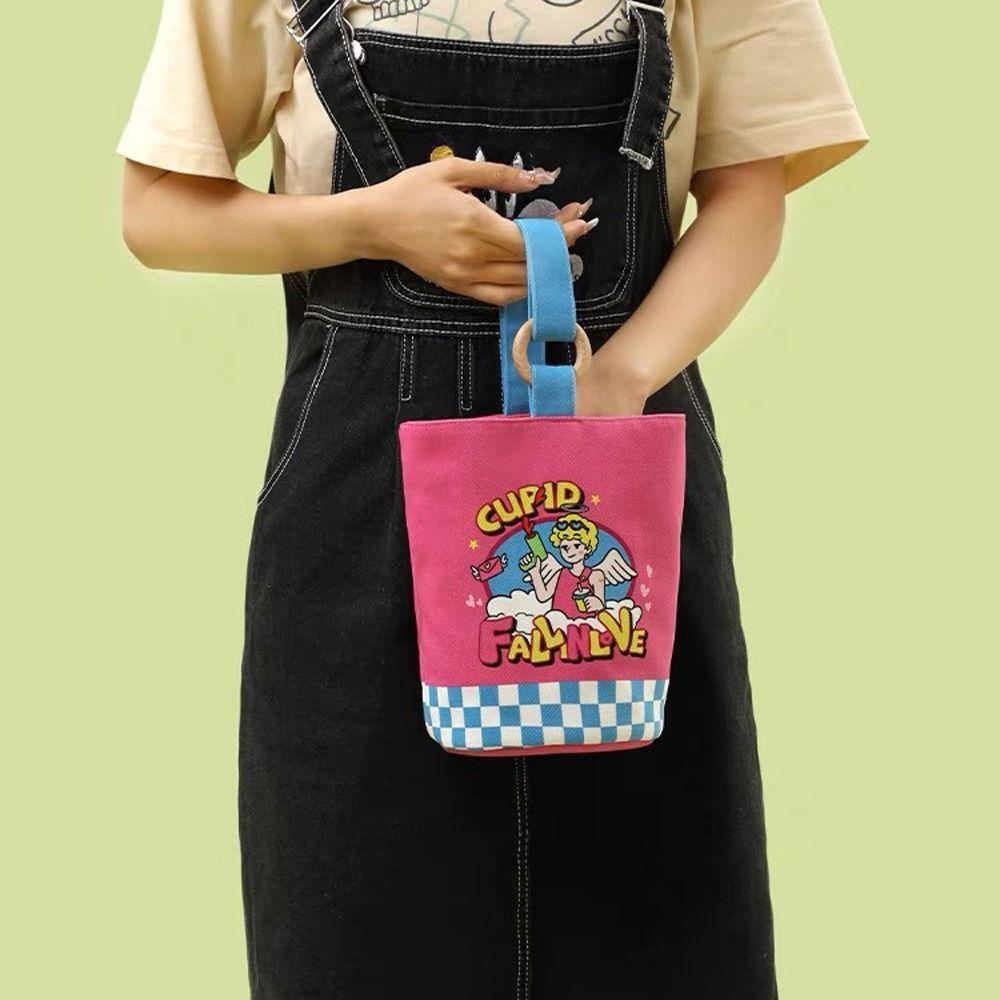 

Letter Canvas Cartoon Bucket Handbag Plaid Cupid Tote Bag Foldable Cartoon Lunch Bag Outdoor