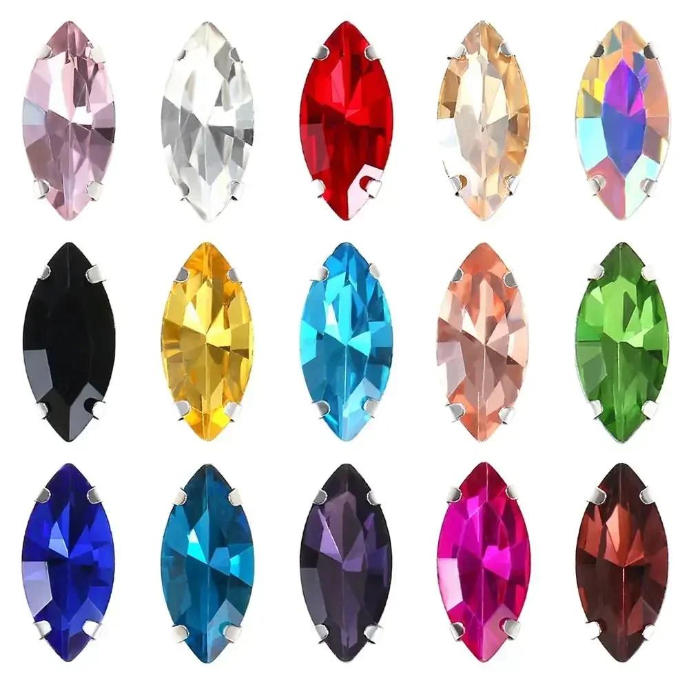50 buc/pachet Formă Ochi Strălucitoare Pietre Strass de Cusut cu Gheară Argintie de Cusut pe Piatră de Cristal de Sticlă 7x15mm Ornament cu Mărgele Diamant