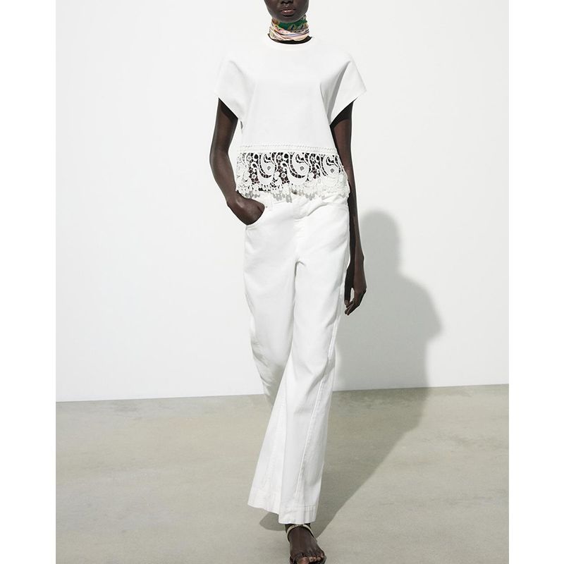 Summer New Product Women's Clothes Silm Straight-leg Cotton Embossed Lace Patchwork Short Sleeve round Neck T-shirt 0858192