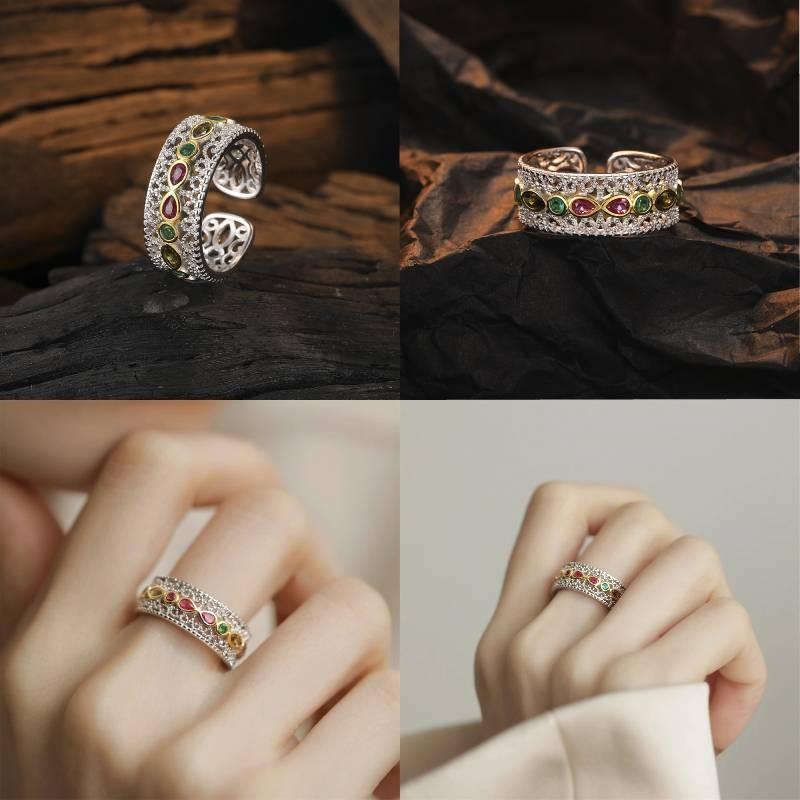 Stylish Geometric Copper Ring For Women Featuring Colorful Zirconia And Vintage Charm