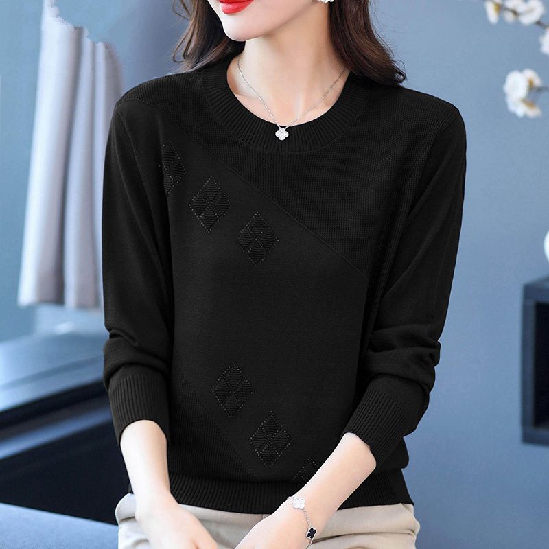 Women's Thin Crew Neck Knit Sweater Spring and Autumn Loose Solid Color Knit Pullover Top