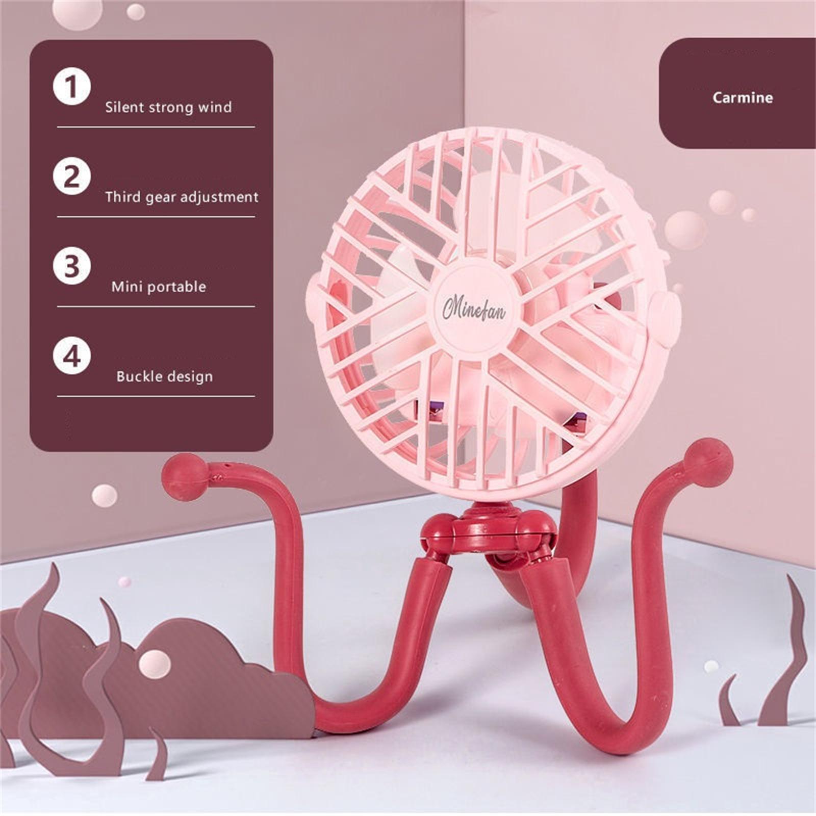 Portable Mini Fan With Led Light Octopus Bracket Usb Rechargeable Stroller Silent Cooling Fan pink#0