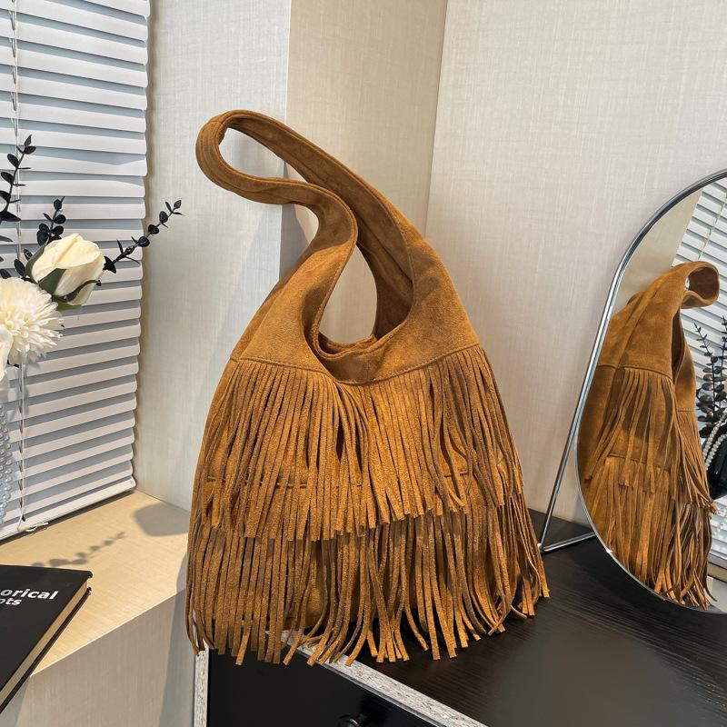 Vintage Matte Tassel Shoulder Bag Women'S Fashion Large Capacity Tote Bag Underarm Bag