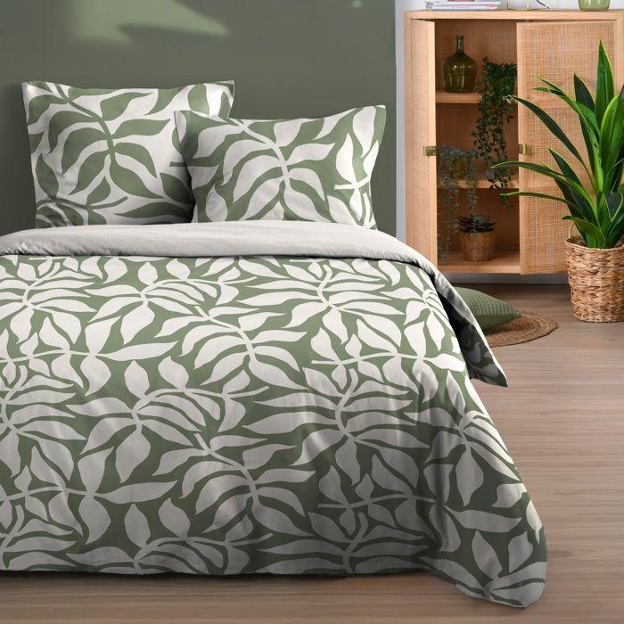 Housse de couette et taies - Hakol - 220 x 240 cm - 100% coton - Motif feuillage vert et blanc