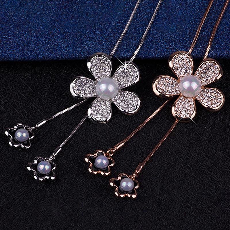 Korean Long Feminine Necklace With Eyecatching Flower And Pearl Pendant Design