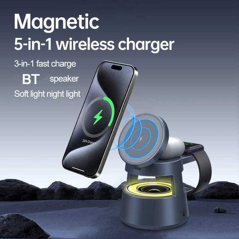 Mindpure 3-in-1 Magnetische Kabellose Ladestation Faltbarer 15W Lade-Ständer mit RGB-Nachtlicht und Lautsprecher