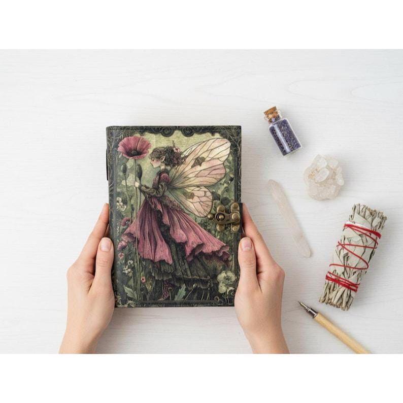 Handmade Fairy Leather Grimoire – Book of Shadows with Lock