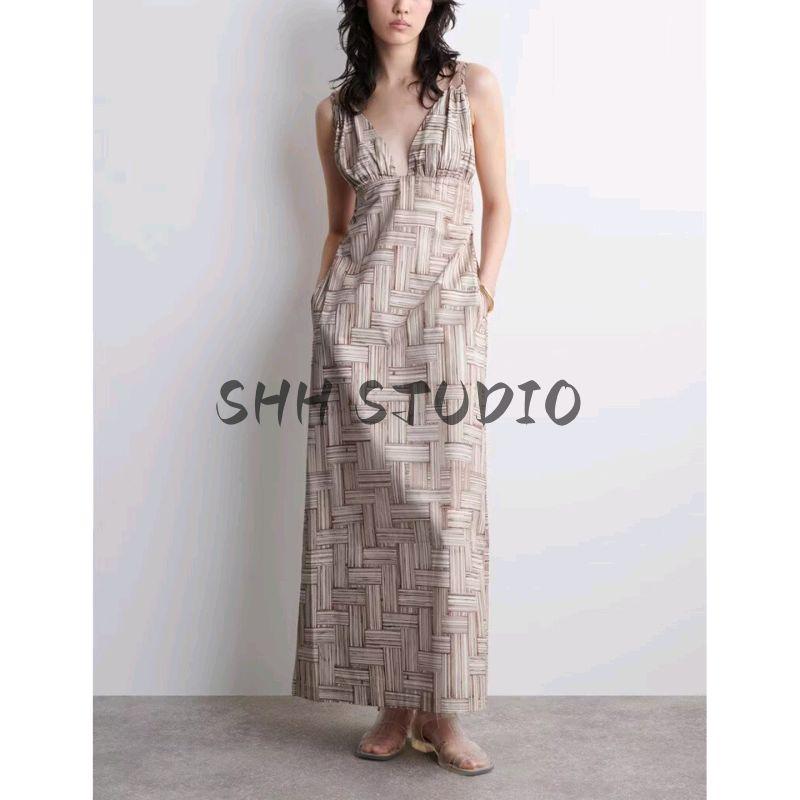 Summer New Product Women's Clothes French Fiber Blended Standard Edition Pleated V-neck Long Dress 1283852