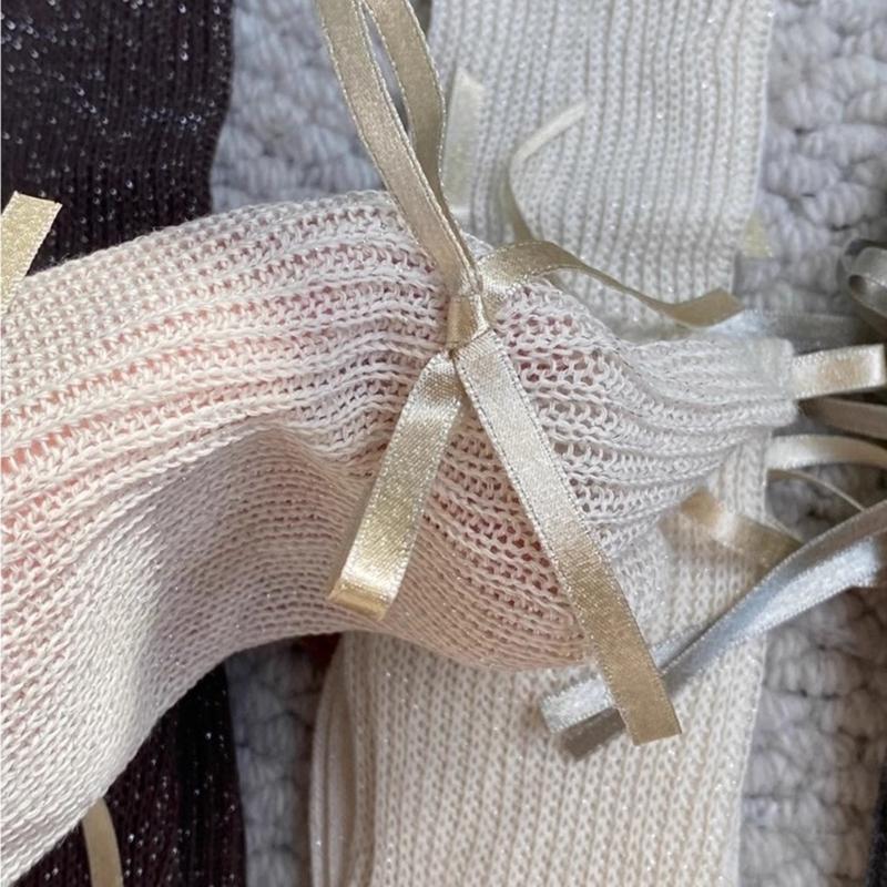 Japanese Style Shimmering Rib Knitted Middle Tube Calf Socks for Women Girls Cute Ribbon Bowknot Long Socks Stockings