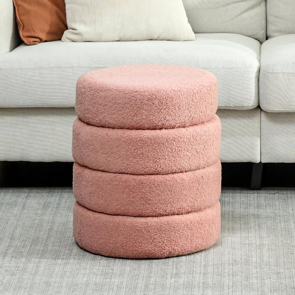 Living Room Footrest, Round Ottoman Stool, Plush Teddy, 40 x 45 cm, Pink