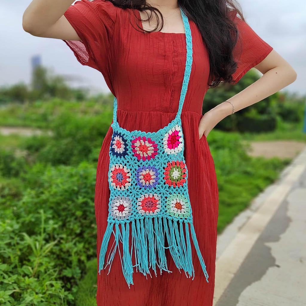 Crocheted Shoulder Tassel Bohemian Ethnic Style Tote for Beach Travel