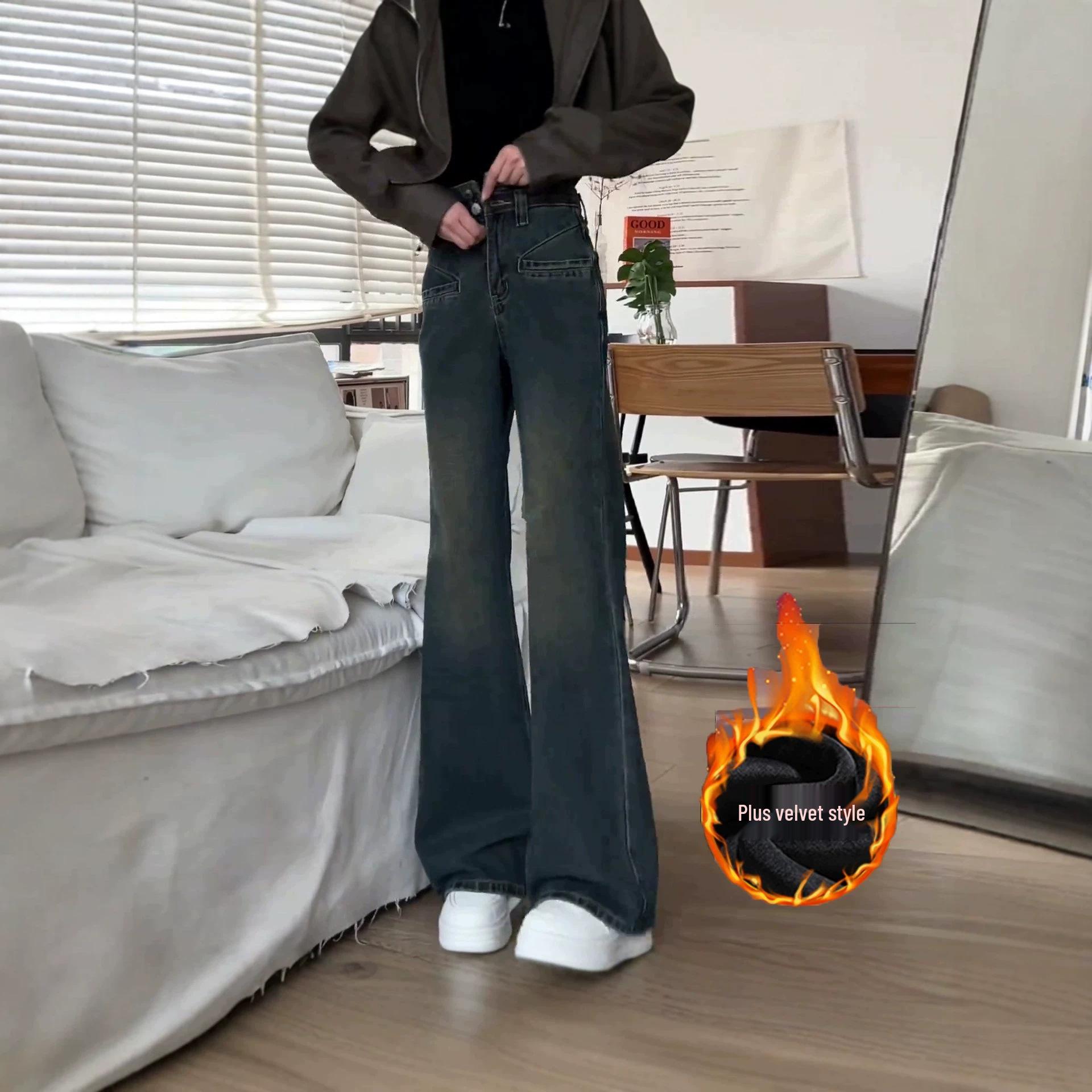 

2026 Women s Water-Washed Retro Velvet Jeans: Winter Slim-Fit, High-Waisted Micro-Flare Pants XXL