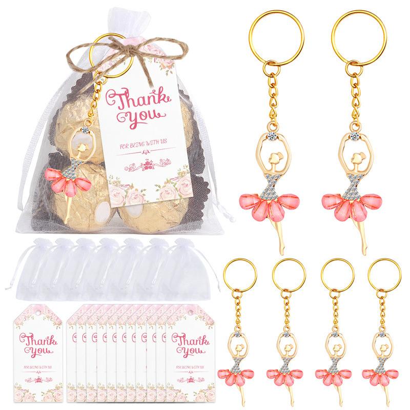 10 Sets Guests Return Gifts Including Ballet Dancer Keychains Thank You Tags White Organza Bags For Baby Shower Favors