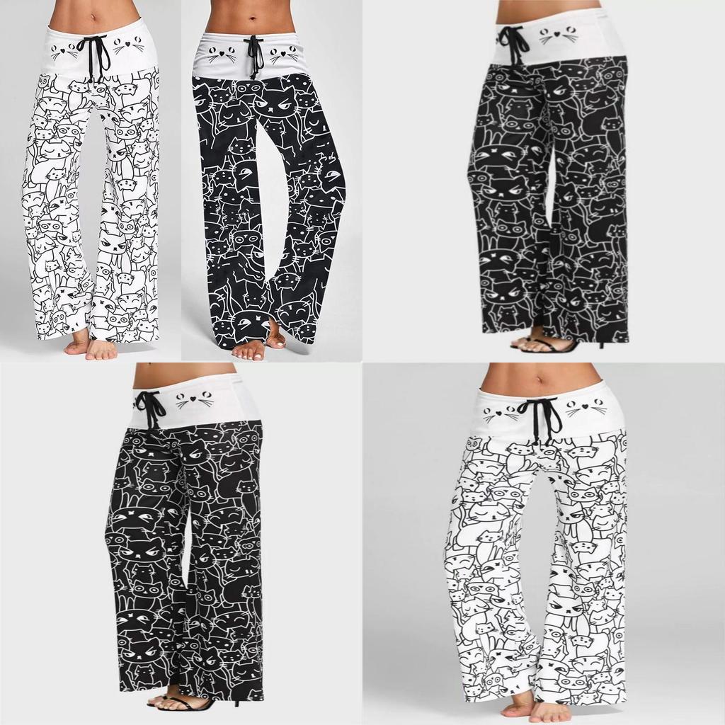 Pantaloni Casual Larghi da Donna alla Moda con Stampa di Gatti Cartoni Animati, Pantaloni Leggeri Estivi