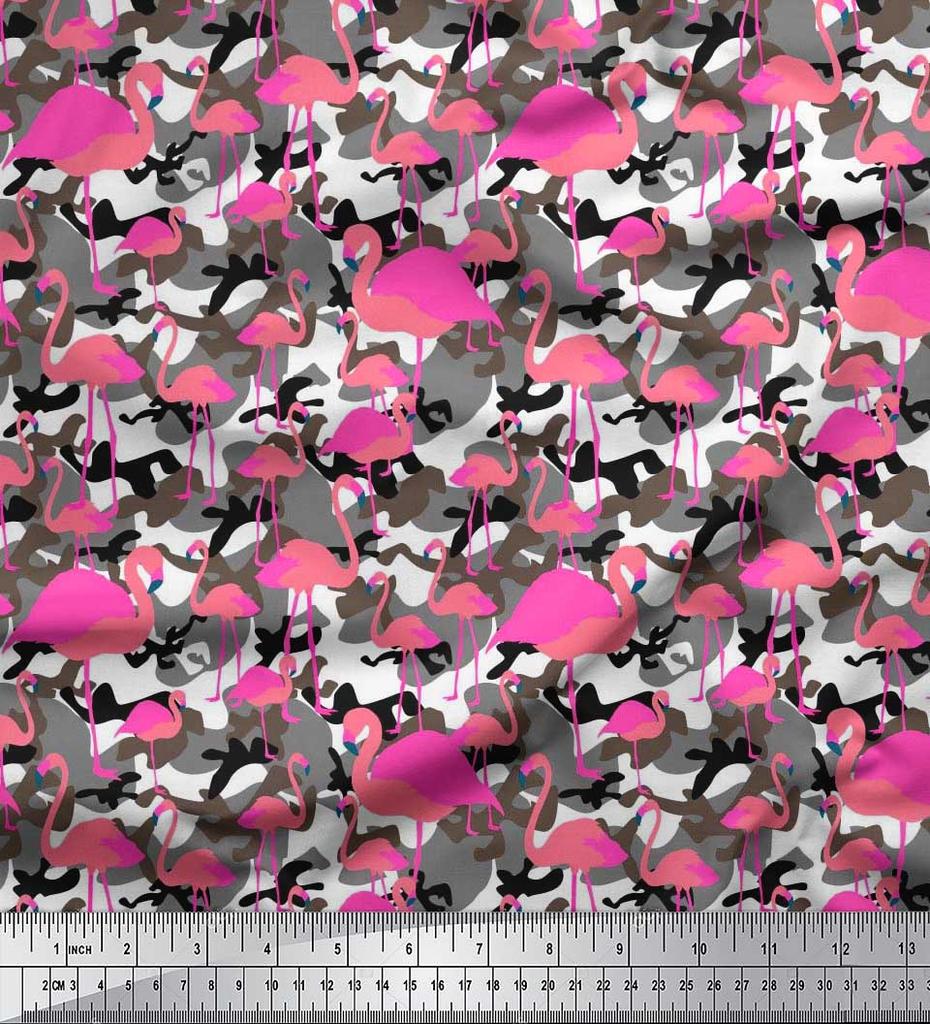 Soimoi Japan Crepe Satin Fabric Camouflage Texture & Flamingo Bird Printed Craft Fabric by the Metre 42 Inch